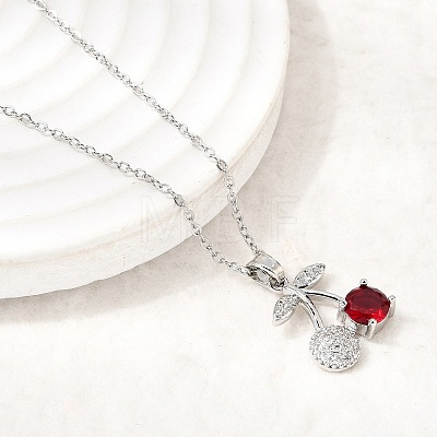 Brass Pave Clear and Red Cubic Zirconia Cherry Pendant 304 Stainless Steel Cable Chain Necklaces for Women NJEW-H092-05P-1