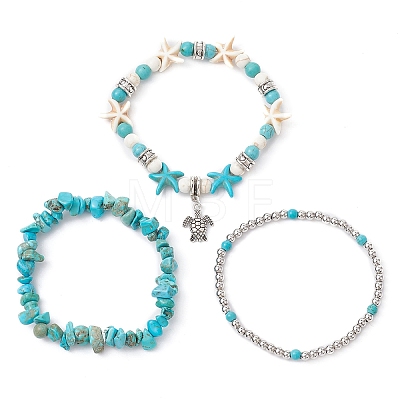 3Pcs 3 Style Synthetic Turquoise Chips & Starfish Beaded Stretch Bracelets Set BJEW-TA00391-1