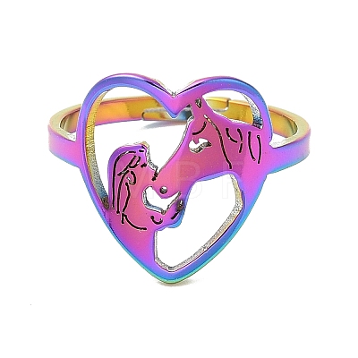 Ion Plating(IP) 304 Stainless Steel Heart with Horse Adjustable Ring for Women RJEW-M149-20RC-1