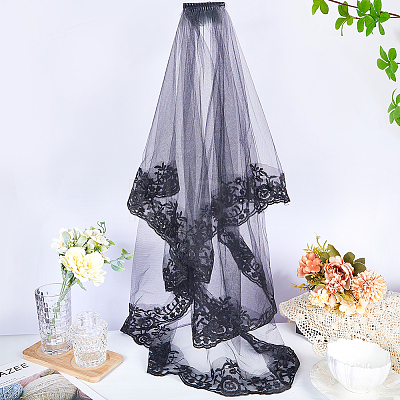 Polyester Long Mesh Tulle Bridal Veils with Combs OHAR-WH0029-09B-1