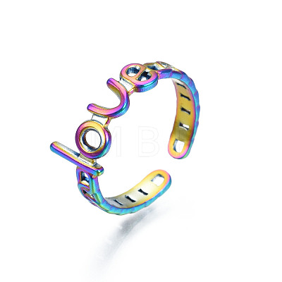 Ion Plating(IP) Rainbow Color 304 Stainless Steel Word Love Open Cuff Ring for Women RJEW-S405-262M-1
