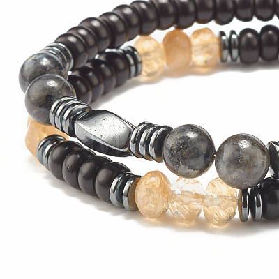 2Pcs 2 Style Coconut & Natural Larvikite & Watermelon Stone Glass Stretch Bracelets Set BJEW-JB07832-1