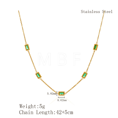 Elegant 304 Stainless Steel Pave Rectangle Green Cubic Zirconia Link Chain Necklaces for Women FB8248-2-1