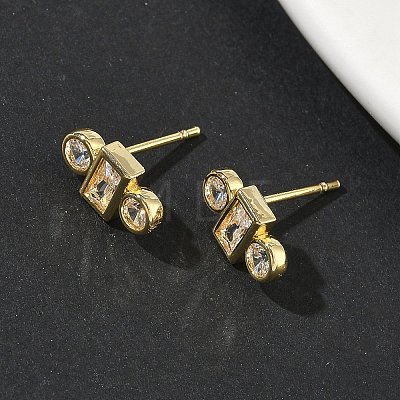 Rectangle with Flat Round Brass Micro Pave Clear Cubic Zirconia Stud Earrings X-EJEW-G452-12G-1