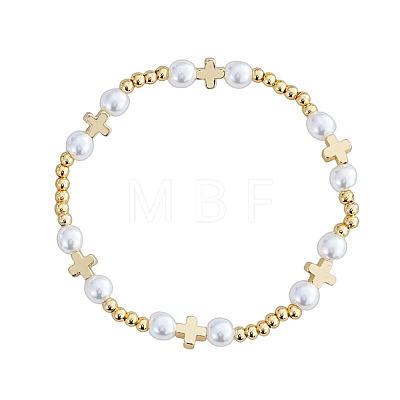 Religious Brass & Iron & Imitation Pearl Beads Stretch Bracelets for Women RY7339-1-1