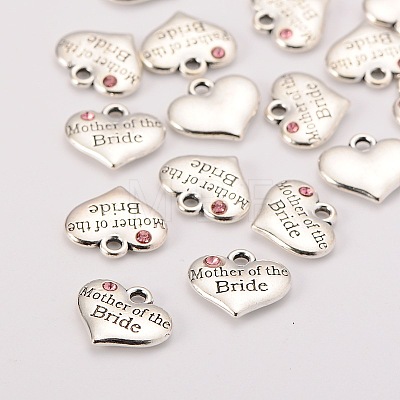 Wedding Theme Antique Silver Tone Tibetan Style Alloy Heart with Mother of the Bride Rhinestone Charms TIBEP-N005-18A-1