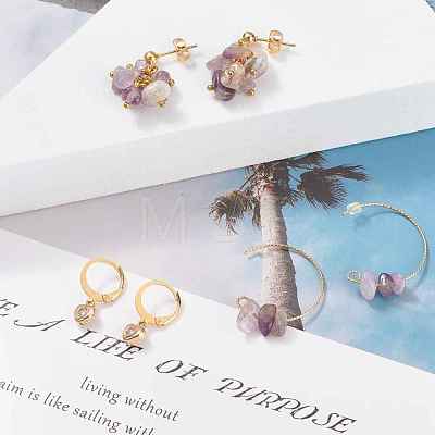 3 Pairs 3 Style Natural Amethyst Chips Beaded Cluster Dangle Stud & Leverback Earrings EJEW-JE04895-04-1