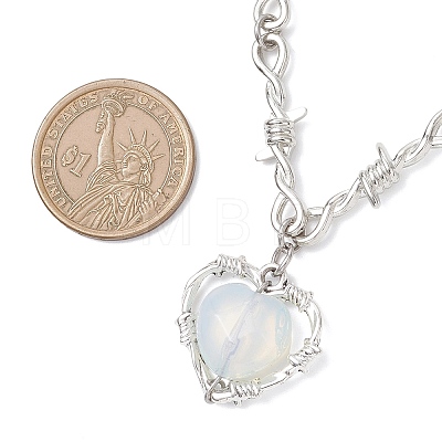 Opalite Heart Pendant Alloy Barbed Wire Link Chain Necklaces for Women NJEW-JN05614-1