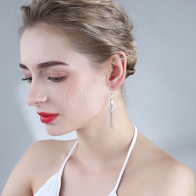 Anti-Tarnish Rhodium Plated 925 Sterling Silver Rhombus with Chain Tassel Dangle Earrings JE1048A-1