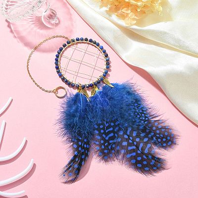 Natural Lapis Lazuli Woven Net/Web with Feather Wall Hanging Decoration HJEW-JM01222-03-1