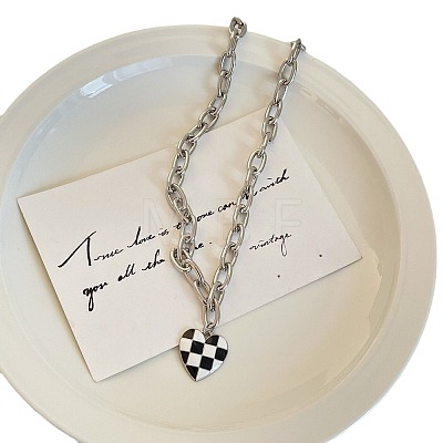 Black and White Checkered Heart Alloy Enamel Pendant Necklaces for Women FS-WGFAE52-01-1