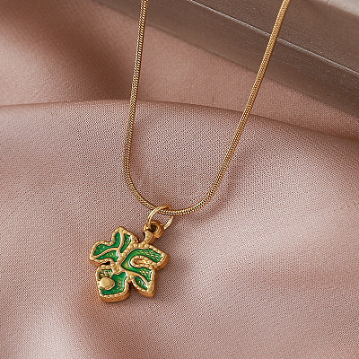 Vintage 304 Stainless Steel Enamel Maple Leaf Pendant Necklaces for Women YM5382-1