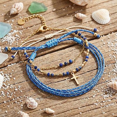 3Pcs Adjustable Natural Lapis Lazuli Beaded Braided Bracelet Sets IL6512-3-1
