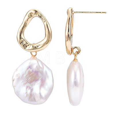 Natural Flat Round Baroque Keshi Pearl Dangle Stud Earrings PEAR-N020-L36-1