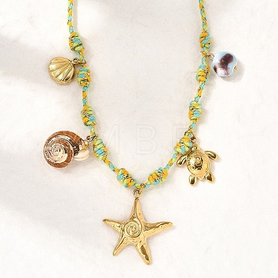 Summer Beach 304 Stainless Steel & Electroplated Natural Shell Pendant Adjustable Polyester Cord Necklaces for Women NJEW-F348-01B-G-1