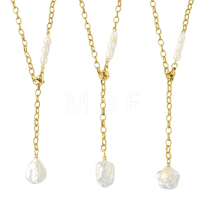Adjustable Natural Baroque Keshi Pearl Tassel 304 Stainless Steel Cable Chain Lariat Necklaces for Women NJEW-JN06212-1