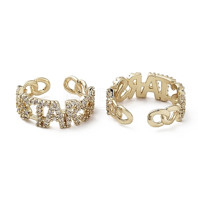 Word Brass with Clear Cubic Zirconia Open Cuff Rings RJEW-G301-03G-1