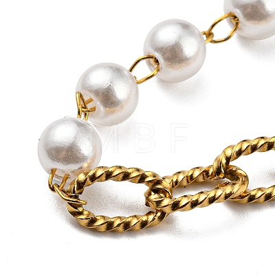 Ion Plating(IP) 304 Stainless Steel Paperclip & Plastic Pearl Beaded Chain Bracelet BJEW-E088-04G-1