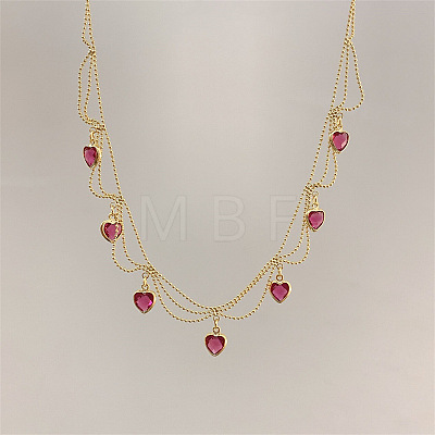 Brass Pave Cubic Zirconia Heart Pendant Bib Necklaces for Women FS-WGB563A-02-1