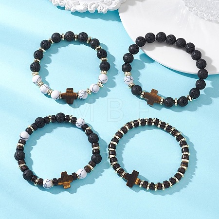 4Pcs 4 Styles Synthetic Howlite & Hematite Natural Lava Rock & Coconut Beads Stretch Bracelets BJEW-JB13448-1
