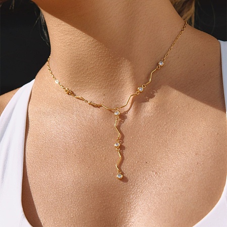 304 Stainless Steel Crystal Rhinestone Pendant Y Necklaces for Women NJEW-F375-01G-06-1