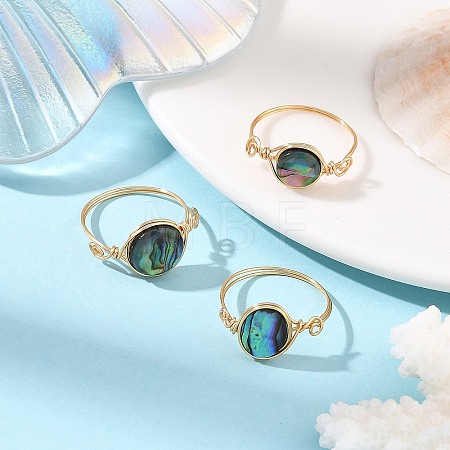 3Pcs Natural Paua Shell with Copper Wire Finger Rings for Women RJEW-JR01112-1