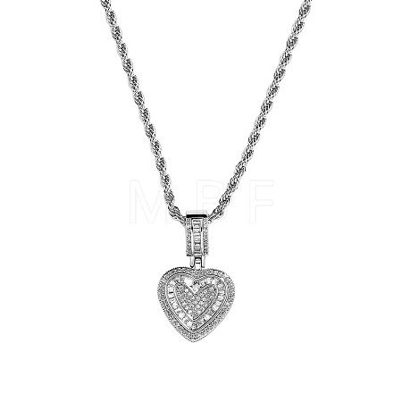 Brass Micro Pave Clear Cubic Zirconia Heart Pendant Rope Chain Necklaces for Women FS-WG43ED0-02-1