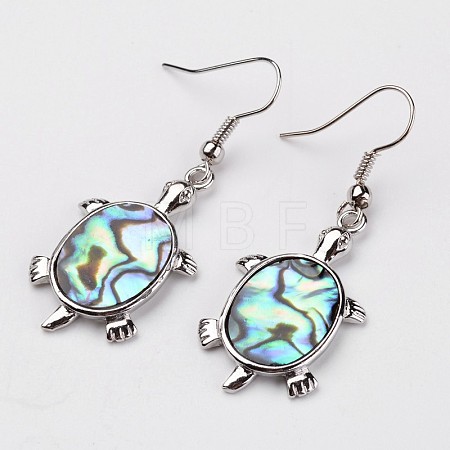 Tortoise Platinum Tone Brass Natural Paua Shell Dangle Earrings EJEW-M060-18-1