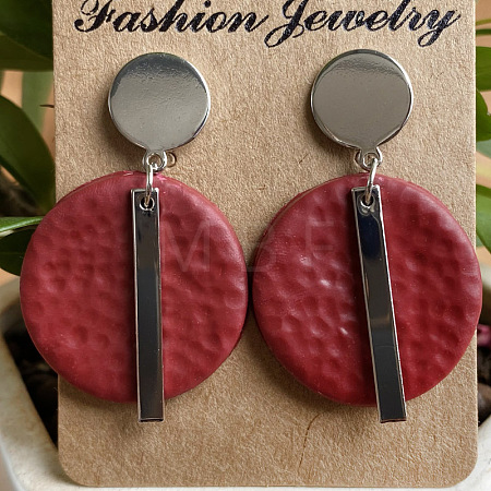 Flat Round with Rectangle Brass Polymer Clay Dangle Stud Earrings FS-WG657FE-03-1