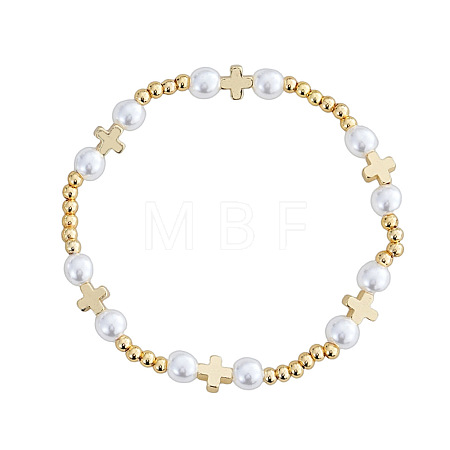 Religious Brass & Iron & Imitation Pearl Beads Stretch Bracelets for Women RY7339-1-1