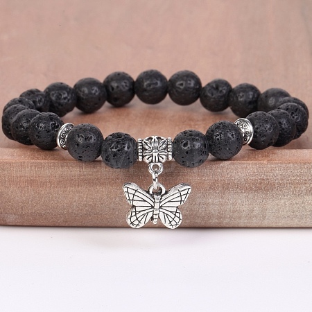 8MM Round Natural Lava Rock Beaded Stretch Bracelets with Alloy Butterfly Charms FQ7211-6-1