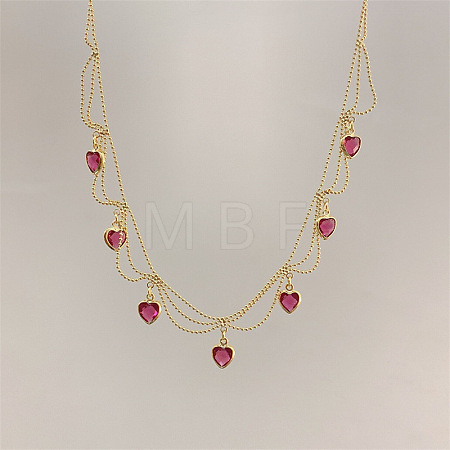 Brass Pave Cubic Zirconia Heart Pendant Bib Necklaces for Women FS-WGB563A-02-1