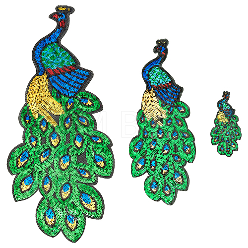 3Pcs 3 Styles Peacock PVC Sequin Iron on Cloth Patches PATC-FG0001-94-1