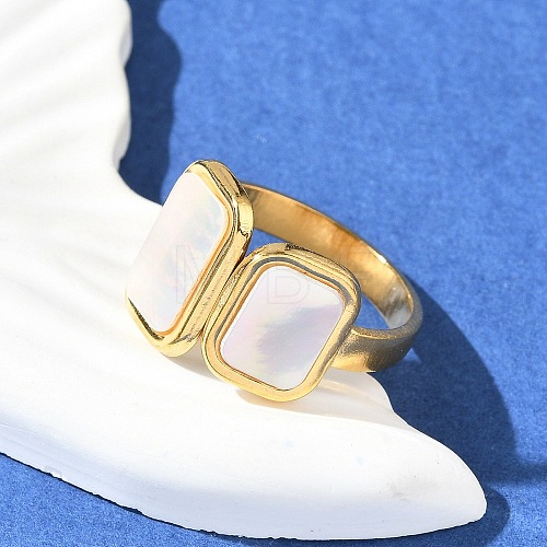 Rectangle 304 Stainless Steel White Shell Cuff Rings for Women RJEW-G346-04G-02-1