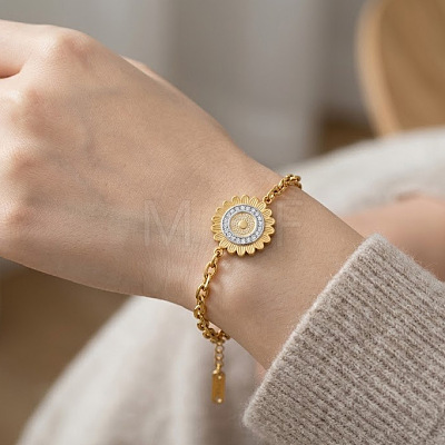 304 Stainless Steel Crystal Rhinestone Sunflower Link Bracelets for Women WGA3B67-01-1