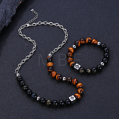 304 Stainless Steel & Natural Tiger Eye & Natural Obsidian Round Bead Necklaces & Bracelets Sets FS-WG3D587-03-1