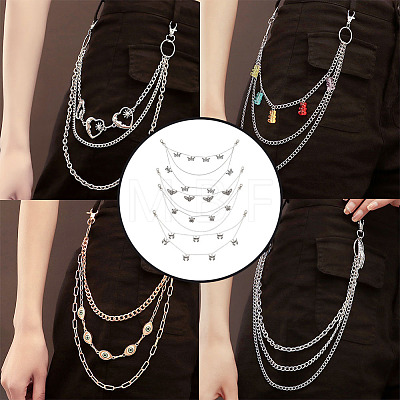 4Pcs 4 Styles Brass Double Layer Chains for Jeans Pants with Alloy Butterfly Charms AJEW-GO00011-1