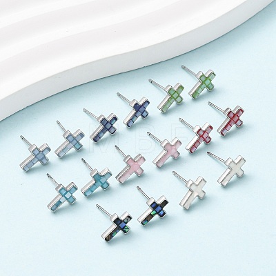 Brass Enamel Cross Stud Earrings EJEW-I322-03P-1