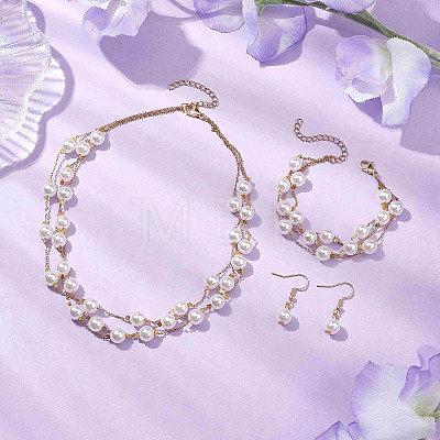 Round ABS Plastic Imitation Pearl Beads Necklace & Bracelet & Dangle Earring Sets for Women SJEW-JS01306-1