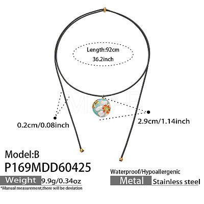 304 Stainless Steel Enamel Flat Round with Flower Pendant Slider Necklaces for Women WG77423-03-1