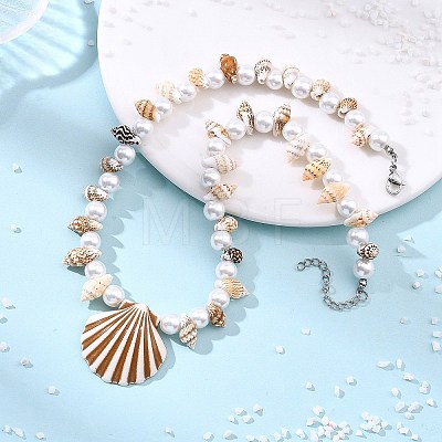 Ocean Natuarl Spiral Shell & Baking Paint Glass Pearl Round Beaded Opaque Acrylic Pendant Necklaces NJEW-JN06306-02-1