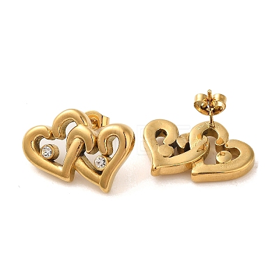 Double Heart 304 Stainless Steel Rhinestone Stud Earrings for Women EJEW-U003-13G-1