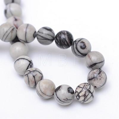 Round Natural Black Silk Stone/Netstone Bead Strands G-R345-6mm-20-1