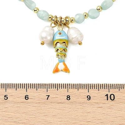 Brass Enamel Fish and Natural Pearl Rice Pendant Natural Glass Nuggets Beaded Necklaces for Women NJEW-JN06357-03-1