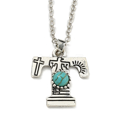 Letter A~Z Antique Silver Plated Alloy with Synthetic Turquoise Pendant Necklaces NJEW-G080-01T-1