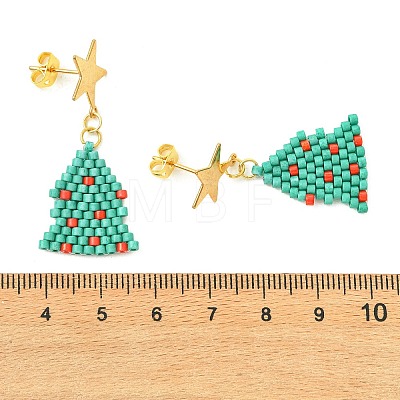 304 Stainless Steel with Glass Cylinder Seed Beads Christmas Tree Dangle Earrings EJEW-MZ00818-1