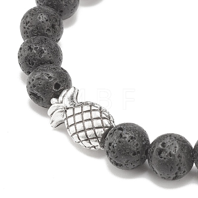 Natural Lava Rock Round Beaded Stretch Bracelet with Alloy Pineapple BJEW-JB08299-1