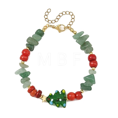 Handmade Lampwork Christmas Tree & Natural Green Aventurine & dyed Freshwater Shell Chip Beaded Bracelets BJEW-TA00760-1
