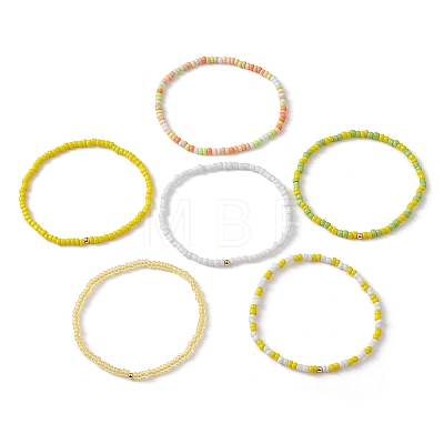 6Pcs Glass Seed & Brass Beaded Stretch Bracelets Set BJEW-JB09538-04-1