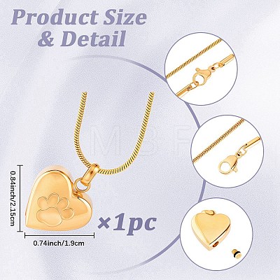 1Pc Stainless Steel Paw Print Heart Urn Ashes Pendant Necklaces NJEW-CN0001-15G-1